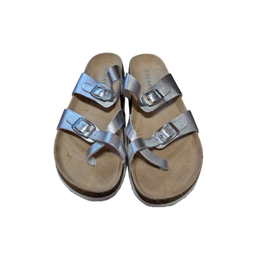 Serra Womens Silver Metallic Toe Loop Buckle Cork Footbed Sandals Size 8 - Picture 2 of 5